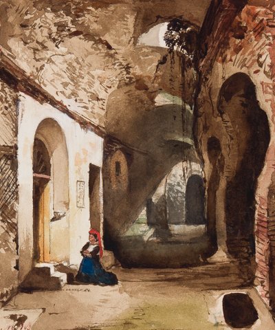 Vrouw die bidt bij gewelfd heiligdom in het amfitheater van Pozzuoli, met toevoegingen door prinses Maria Annunziata di Borbone (1843-1871) door Giacinto Gigante